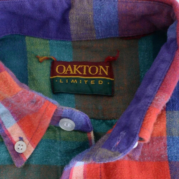 Vintage 90S Oakton Limited Teal And Red Checker Pattern Button  Down Shirt - Picture 4 of 10